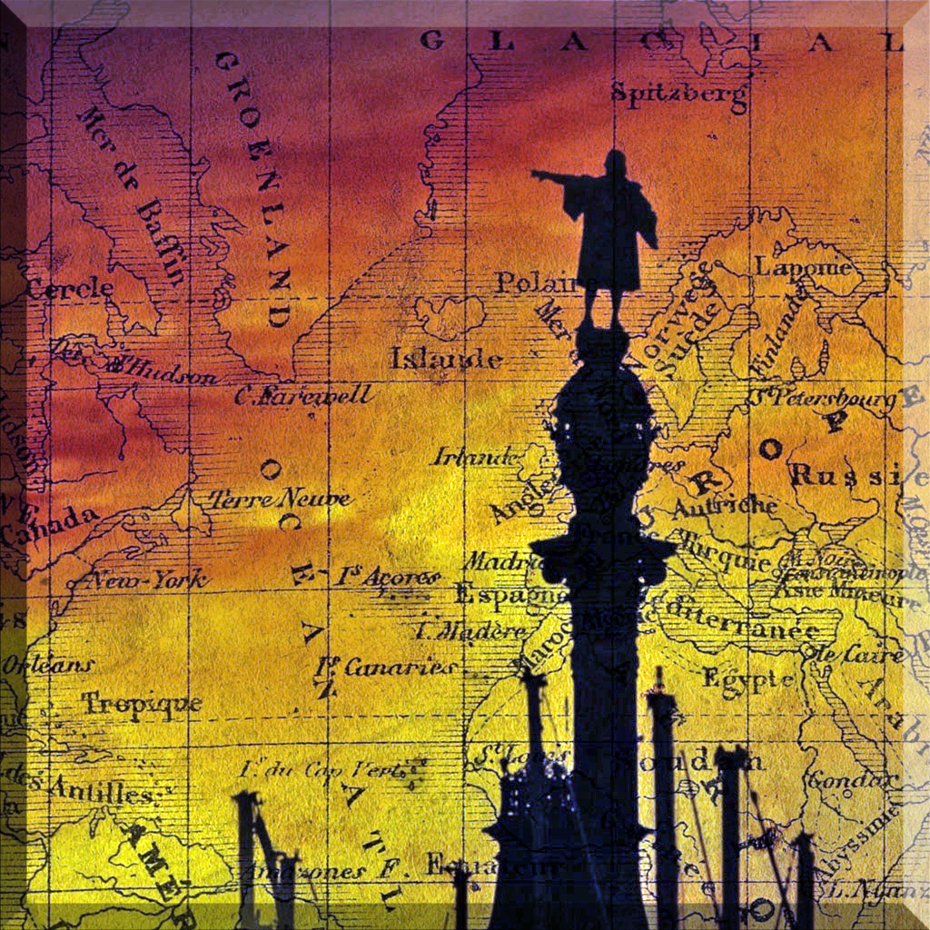 A silhouette of a statue against a map.